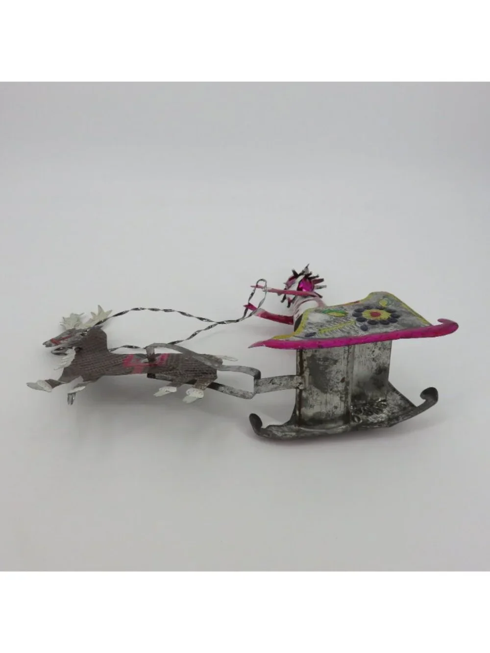 VTG Folk Art Santa Sleigh Reindeer Punched Punch Tin Christmas Holiday Mexico